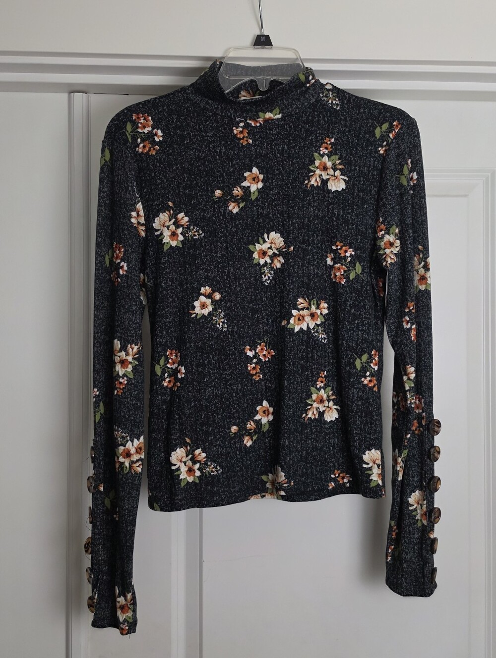 eye candy Black Floral Mock Neck Long Sleeve Top With Button Details On Sleeves